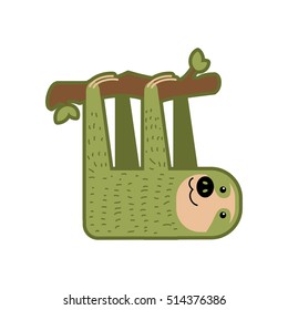 Animal vector illustration isolated on white background. Happy cartoon unau on the tree branch for kindergarten, elementary school, toy store, kids clothing shop. Logotype for children brand.
