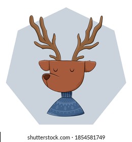 Animal vector illustration. Animal portrait. Cozy deer in a sweater