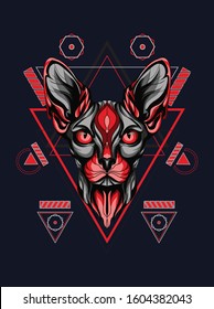 animal vector illustration red sphinx cat in geometric pattern background