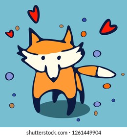 Animal vector isolated illustration of a red funny fox on a blue background with a confetti and heart. Image for children, card, print, sticker, textile, t-shirt - Vector