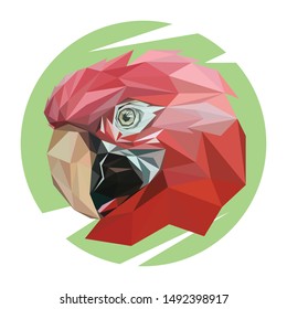 Animal in Vector low poly face of Red Macaw, seen from the right direction. With white and green background.