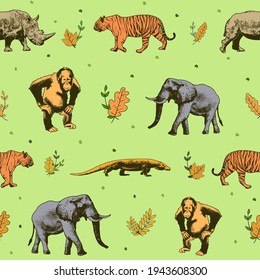 animal vector pattern contains typical Indonesian animals, namely elephants, tigers, Komodo dragons, rhinos, and orangutans. suitable for handcrafted designs such as t-shirts, bandanas, or other desig