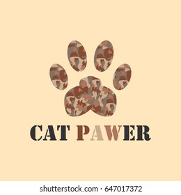 Animal vector pattern design with cat paw print in military desert camouflage and wordplay cat pawer converted from cat power brown beige dark grey