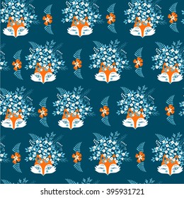 Animal  vector pattern on blue background with floral fox.