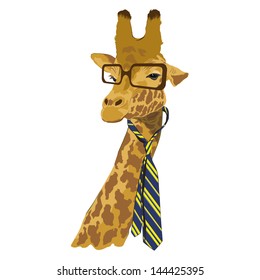 animal vector portrait, giraffe in glasses and tie