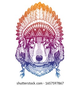 Animal. Vector portrait in traditional indian headdress with feathers. Tribal style illustration for little children clothes. Image for kids tee fashion, posters.