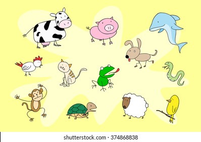 Animal Vector Set, a hand drawn vector illustration of various animals, isolated on a simple background (all objects are on their own separate groups, including background for easy editing).
