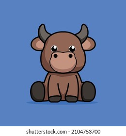 animal vector sticker, baby brown bull sitting looks cute and adorable