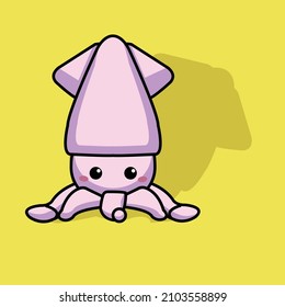 animal vector sticker, pink squid drawing on yellow background