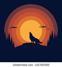 Animal Vector Sunset Wolf, Illusration Vector Design