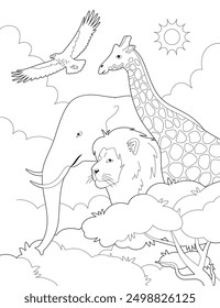 Animal vertical coloring page for children and adults. Outline giraffe, lion, elephant illustration. Nature of Africa doodle line art.