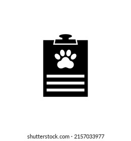 Animal Vet Checklist, Veterinary Pet Health Card. Flat Vector Icon illustration. Simple black symbol on white background. Medical Clipboard with Paw sign design template for web and mobile UI element.