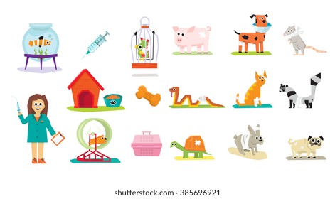 Animal Veterinary Care Flat Icons Isolated Vector Illustration