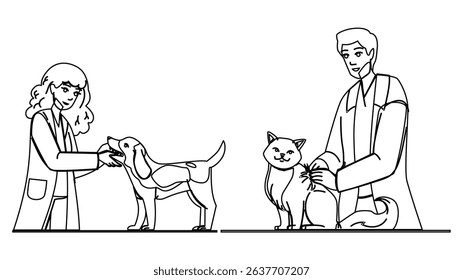 animal veterinary care vector. medical doctor, hospital medicine, health puppy animal veterinary care character. people black line pencil drawing illustration
