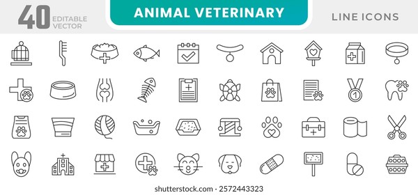 Animal Veterinery line icon set. Pet services, pet, care, veterinary, vet, healthcare, dogfood, rabbit, parrot, fish, food, water, collar, toy, bath line icon set. UI thin line icon pack.