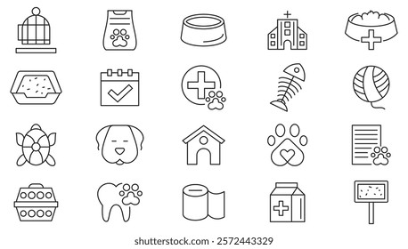 Animal Veterinery line icon set. Pet services, pet, care, veterinary, vet, healthcare, dogfood, rabbit, parrot, fish, food, water, collar, toy, bath line icon set. UI thin line icon pack.