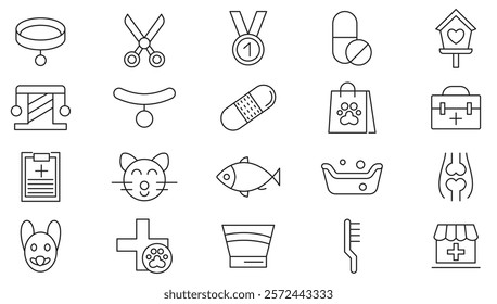 Animal Veterinery line icon set. Pet services, pet, care, veterinary, vet, healthcare, dogfood, rabbit, parrot, fish, food, water, collar, toy, bath line icon set. UI thin line icon pack.