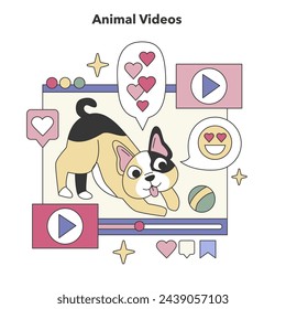 Animal Videos theme. Captivating pet antics and heartwarming animal clips on social platforms. Pet lovers' joy, wildlife appreciation, engaging content. Flat vector illustration