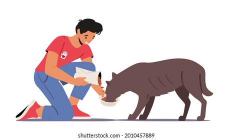 Animal Volunteering Concept. Volunteer Character Feed Dog In Shelter Or Pound. Young Man Gives Food To Homeless Puppy Pour Snack In Bowl, Man Hold Nutrition Package. Cartoon People Vector Illustration