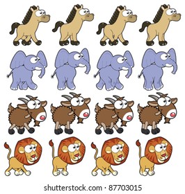 Animal Walking animations . Vector cartoon and isolated characters. You can use four frames in loop, each animal.