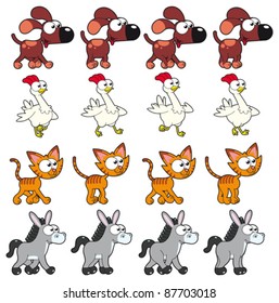 Animal Walking animations . Vector cartoon and isolated characters. You can use four frames in loop, each animal.