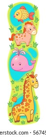 animal wall or height meter from with giraffe and whale, horse, fish, sea, lake, vector, illustration