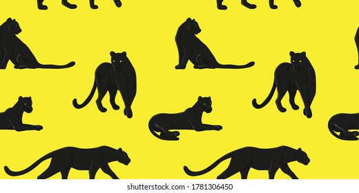 Animal Wallpaper With Black Panthers On Yellow Background - Seamless Background For Printing On Fabric