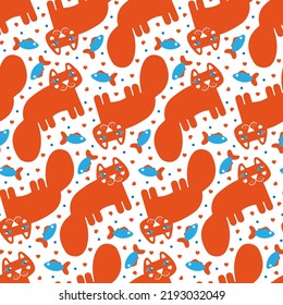 Animal wallpapers for kids. Baby pattern with cats, hearts. Cute red cartoon pets, blue fish on a white background for fun childish seamless texture. Sweet children's fabric print with fluffy kittens.