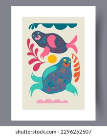 Animal walrus nautical seal wall art print. Contemporary decorative background with seal. Wall artwork for interior design. Printable minimal abstract walrus poster.