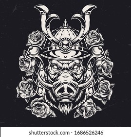 Animal warrior monochrome vintage concept with dangerous wild boar head in samurai helmet and rose flowers isolated vector illustration