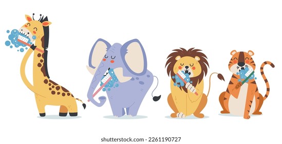Animal wash clean teeth cute isolated characters. Dental toothbrush healthy concept. Vector graphic design illustration