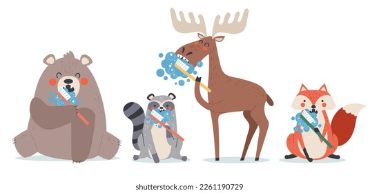 Animal wash clean teeth cute isolated characters. Dental toothbrush healthy concept. Vector graphic design illustration