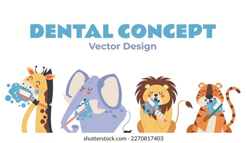 Animal wash clean teeth cute isolated characters. Dental toothbrush healthy concept. Vector graphic design illustration