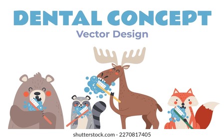 Animal wash clean teeth cute isolated characters. Dental toothbrush healthy concept. Vector graphic design illustration