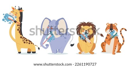 Animal wash clean teeth cute isolated characters. Dental toothbrush healthy concept. Vector graphic design illustration
