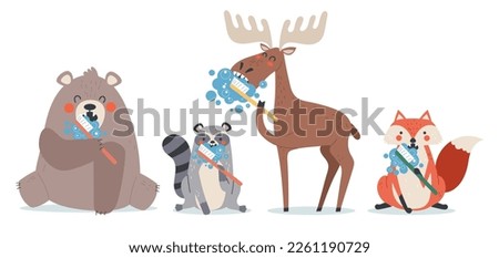 Animal wash clean teeth cute isolated characters. Dental toothbrush healthy concept. Vector graphic design illustration