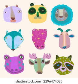 Animal watercolor vector illustration, cute design for kids.  frog, lion, fox, deer, panda, goat, raccoon, alligator, bear