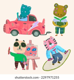 Animal watercolor vector illustration, cute design for kids