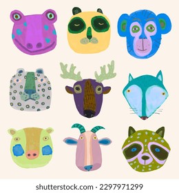 Animal watercolor vector illustration, cute design for kids. monkey, frog, lion, fox, deer, panda, pig,  goat, raccoon, tiger, leopard