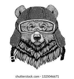Animal wearing motorycle helmet. Image for kindergarten children clothing, kids. T-shirt, tattoo, emblem, badge, logo patch