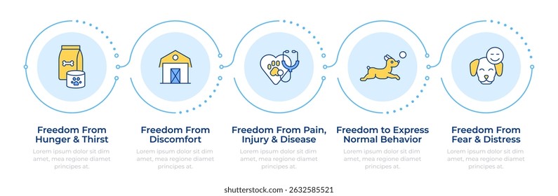 Animal welfare freedoms infographic 5 steps. Farming, healthcare. Vaccination, treatment. Flow chart infochart. Editable vector info graphics icons