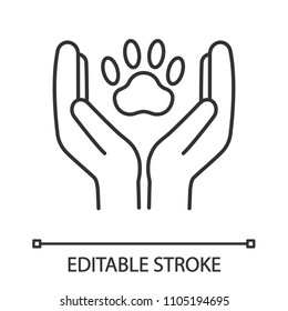 Animal Welfare Linear Icon. Thin Line Illustration. Hands Holding Paw. Pets Care. Contour Symbol. Vector Isolated Outline Drawing. Editable Stroke