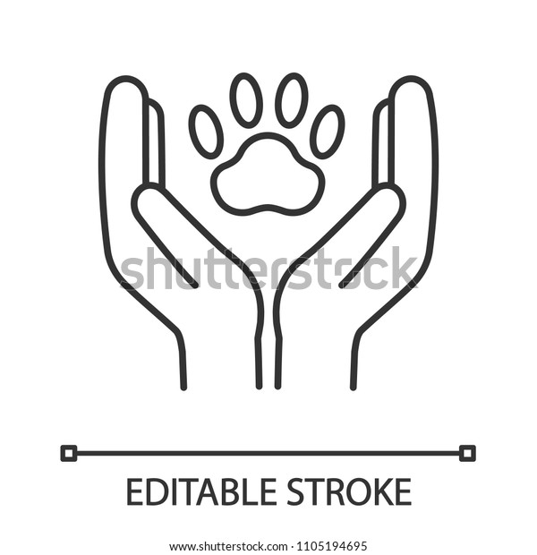 Animal welfare linear icon. Thin line\
illustration. Hands holding paw. Pets care. Contour symbol. Vector\
isolated outline drawing. Editable\
stroke