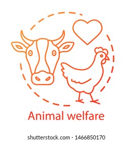 Animal welfare, shelter concept icon. Voluntary wildlife protection idea thin line illustration. Veterinary clinic, farming business. Heart symbol, chicken and cow vector isolated outline drawing