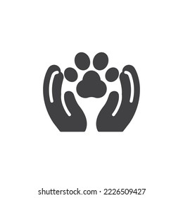 Animal welfare vector icon. filled flat sign for mobile concept and web design. Human hands and animal paw glyph icon. Symbol, logo illustration. Vector graphics