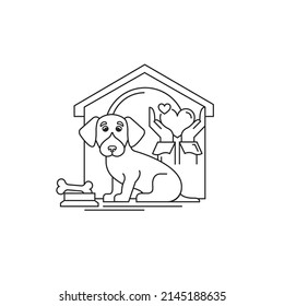 Animal welfare. Vector, linear icon. Charity, help. Volunteering. The dog is safe in the kennel.