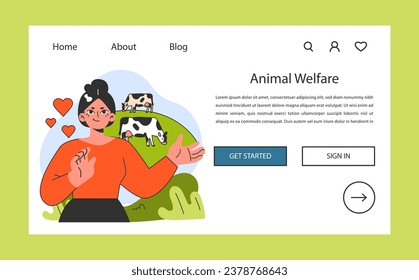 Animal welfare web banner or landing page. Cows grazing in the meadow. Cruelty free sustainable development and animals rights. Vegan or vegetarian lifestyle. Flat vector illustration