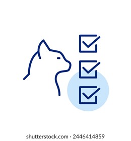 Animal wellness. Cat with checklist of checkmarks, thorough health assessments and care for pets. Editable icon