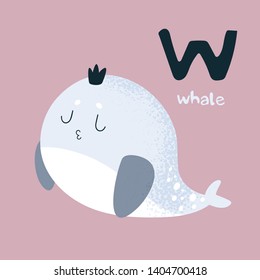 Animal Whale. Letter W. Alphabet. Card for teaching children the alphabet, animals, geography, biology. Kindergarten, school, for kids and parents. Use for cards, print, poster, magnet, book, decor