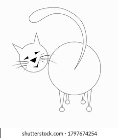 Animal white cat in a flat style, drawn with a black line in the shape of a circle, he stands with his back and turned his head forward. Drawing isolated on white background. Stock vector illustration